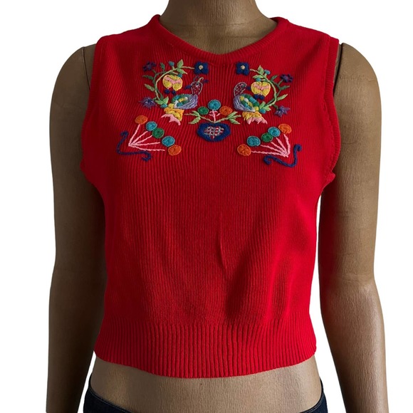 Vintage Sweaters - Vintage Bohemian Cropped Sweater Vest with Embroidery
